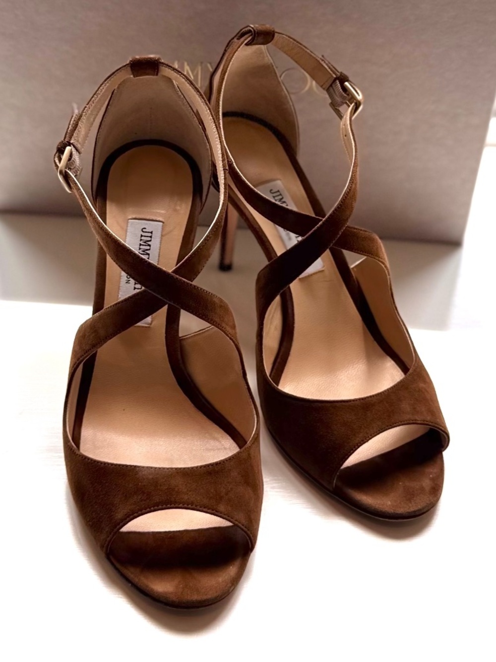 JIMMY CHOO Emily 85 Crisscross Heel Cacao Brown Suede Sandal EU 40
